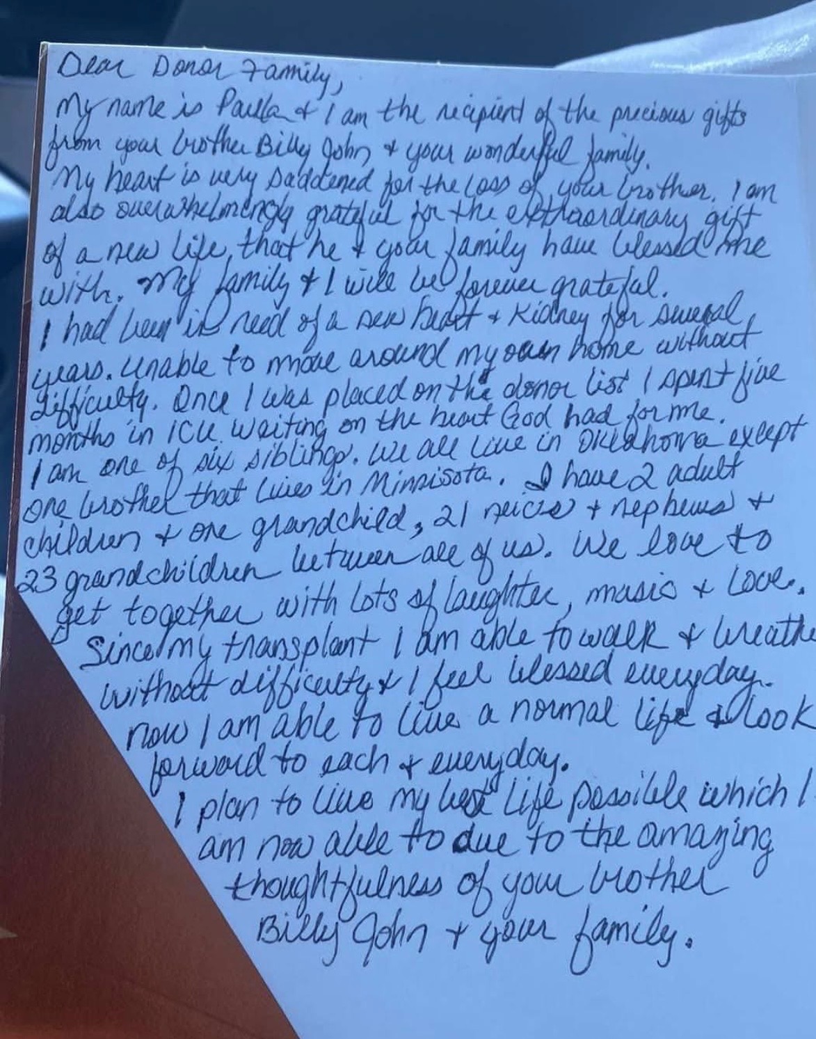 Handwritten letter from Paula to Billy John’s donor family, expressing gratitude for a heart and kidney transplant and describing the life she is now able to enjoy.